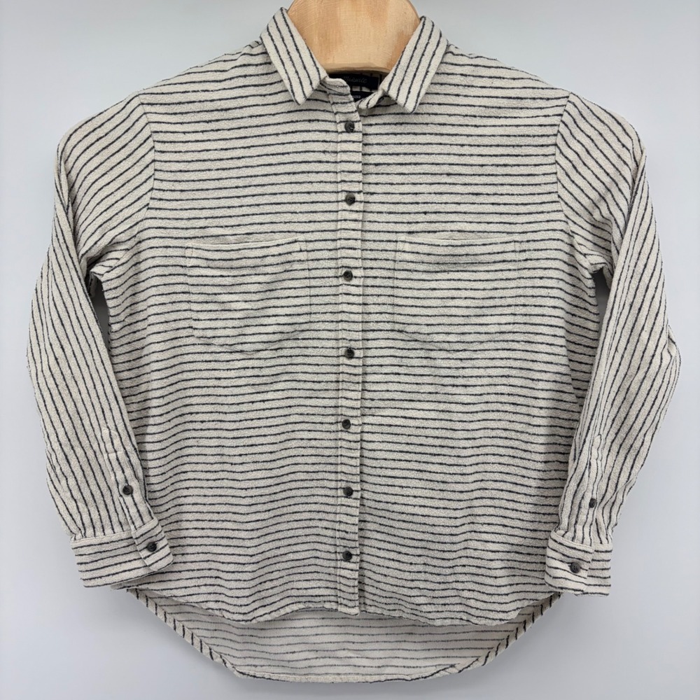 Madewell Oversized Shacket Button Down Striped Flannel Cream Navy Blue Women S